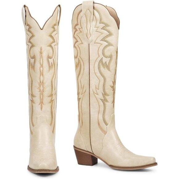 Women's Matte Beige Knee High Cowgirl Tall Boots with Classic Retro Embroidered - Picture 5 of 6